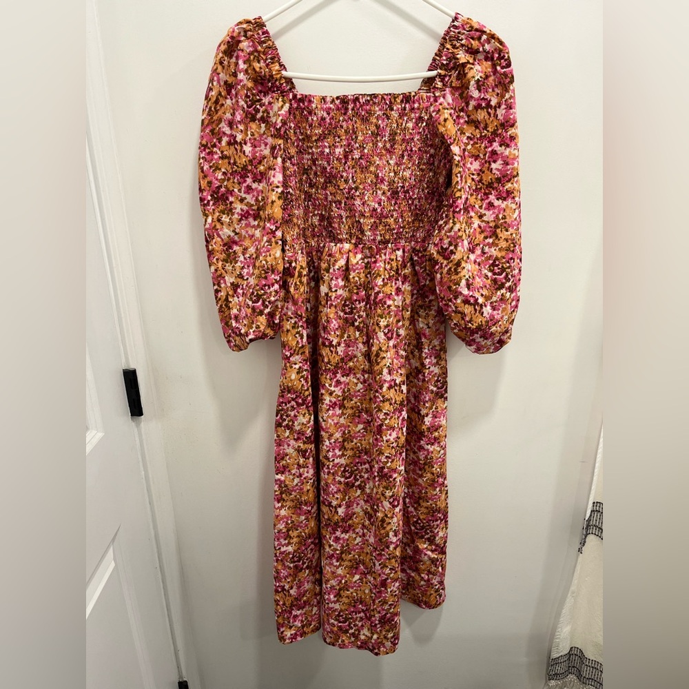 J Crew Smocked Puff Sleeve Midi Dress